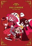  4girls bags_under_eyes basket black_dress black_eyes black_hair bow bowtie braid bright_pupils brown_hair candla_(funamusea) candy colored_skin cover cover_page crea_flankenstein dj_met dress english_text food funamusea funamusea_(artist) ghost ghost_costume green_pupils hair_ornament halloween hat holding holding_basket holding_candy holding_food holding_lollipop holding_pumpkin holding_vegetable jack-o&#039;-lantern jacket kumori_(funamusea) lollipop long_hair multicolored_hair multiple_girls nail_polish neck_ribbon necktie official_art pink_hair polka_dot polka_dot_dress polka_dot_headwear pumpkin red_background red_bow red_eyes red_hair red_nails red_necktie red_ribbon ribbon shoes short_hair striped striped_thighhighs sutare_yume thighhighs vegetable white_pupils white_skin 