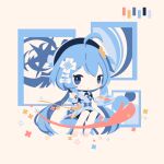  1girl ahoge blue_eyes blue_hair blush chibi closed_mouth cobalta griseo holding holding_paintbrush holding_palette honkai_(series) honkai_impact_3rd long_hair looking_at_viewer low_twintails paintbrush palette_(object) solo twintails 