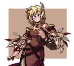  1girl bare_shoulders blonde_hair book brown_dress citrinne_(fire_emblem) dress earrings feather_hair_ornament feathers fire_emblem fire_emblem_engage gold_choker gold_trim hair_ornament haydensmub highres holding holding_book hoop_earrings jewelry leather_wrist_straps looking_at_viewer mismatched_earrings red_eyes wing_hair_ornament 
