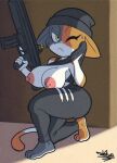 anthro areola big_breasts big_butt black_pupils breasts butt calico_cat clothed clothing crouching domestic_cat ear_piercing epic_games felid feline felis female fortnite frown gun hi_res holding_gun holding_object holding_weapon huge_breasts mammal meow_skulls_(fortnite) multicolored_body nipple_piercing nipples one_eye_closed piercing pink_areola pink_nipples pupils raised_clothing raised_shirt raised_topwear ranged_weapon shirt solo tansau thick_thighs topwear weapon yellow_eyes