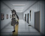  1girl absurdres ahoge animal_ears belt black_belt black_footwear black_hair black_ribbon black_skirt blunt_ends blurry blurry_background casual commentary_request film_grain fluorescent_lamp full_body grating grey_pantyhose hair_between_eyes hallway highres horror_(theme) horse_ears horse_girl horse_tail kaeru_no_nikukyuu. long_bangs long_hair long_sleeves looking_at_viewer manhattan_cafe_(umamusume) movie_poster_(object) multicolored_hair neck_ribbon official_alternate_costume pantyhose perspective ribbon sidelocks sideways_glance skirt solo standing tail the_exit_8 two-tone_hair umamusume white_hair yellow_eyes 