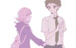  1boy 1girl ahoge brown_eyes brown_hair collared_shirt danganronpa_(series) danganronpa_2:_goodbye_despair flipped_hair green_necktie highres hinata_hajime jacket long_sleeves looking_at_another medium_hair nanami_chiaki necktie pants pink_eyes pointing pote_(pote_39) shirt short_hair short_sleeves teeth white_shirt 