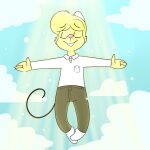 1:1 2017 4_fingers anthro arms_out ascending biped black_eyebrows black_tail blonde_hair blue_sky bottomwear brown_bottomwear brown_clothing brown_pants buckteeth chokovit_(artist) clothed clothed_anthro clothed_male clothing cloud cloudscape colored crucifixion_pose digital_drawing_(artwork) digital_media_(artwork) eyebrow_through_hair eyebrows eyes_closed fingers footwear front_view full-length_portrait fur hair hi_res light light_beam male male_anthro mammal mouse mouse_ears mouse_tail murid murine nathaniel_christianson pants pink_nose portrait rodent shirt sky socks solo tail teeth thin_tail topwear translucent translucent_hair white_clothing white_clouds white_footwear white_inner_ear white_shirt white_socks white_topwear yellow_body yellow_ears yellow_fur