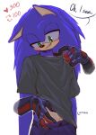 adult_(lore) ambiguous_gender anthro bandage blue_body clothed clothing colored_nails dialogue duo eulipotyphlan fur gloves green_eyes handwear hauringu hedgehog hi_res invalid_tag male male/ambiguous mammal multicolored_body multicolored_fur nails quills sega shadow_the_hedgehog shirt smile sonic_the_hedgehog sonic_the_hedgehog_(series) t-shirt topwear undressing
