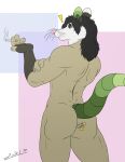 2019 american_opossum anthro black_hair black_sclera butt cigarette duo exclamation_point fur green_eyes green_inner_ear green_tail hair hi_res juano looking_back male mammal marsupial rear_view simple_background smoking solo_focus standing tail tan_body tan_fur trapped_in_butt zagthefox
