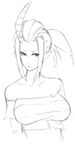  bare_shoulders breasts eu03 greyscale horn large_breasts long_hair monochrome pointy_ears ponytail prison_clothes scythana sketch skullgirls solo sweatdrop 