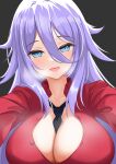  1girl absurdres black_background blue_eyes breasts breath cleavage collarbone collared_shirt hair_between_eyes hair_over_shoulder highres large_breasts littlechim long_hair open_mouth original partially_unbuttoned purple_hair red_shirt shirt solo teeth upper_body upper_teeth_only 