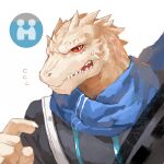  1boy absurdres arknights blue_scarf chinese_commentary claws embarrassed fangs flying_sweatdrops furry furry_male highres looking_at_viewer male_focus mowang_yu rangers_(arknights) red_eyes reptile_boy scarf sweatdrop upper_body white_background 