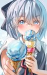  1girl absurdres blue_dress blue_eyes blue_hair blue_nails cirno dress food giving highres holding_ice_cream_cone ice_cream looking_at_viewer maboroshi_mochi shirt solo touhou triple_scoop white_background white_shirt 