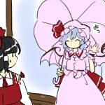  2girls ^_^ black_hair blue_hair closed_eyes commentary_request detached_sleeves flat_chest frilled_shirt frilled_shirt_collar frilled_sleeves frills hair_tubes hakurei_reimu hat hat_ribbon highres holding holding_umbrella kaigen_1025 mob_cap multiple_girls neck_ribbon no_mouth no_nose parasol pink_headwear pink_shirt pink_skirt pink_umbrella pink_wrist_cuffs red_ribbon red_skirt red_vest remilia_scarlet ribbon ribbon-trimmed_sleeves ribbon_trim shirt short_hair sketch skirt sweat touhou translation_request umbrella vest waving white_shirt wings wrist_cuffs 
