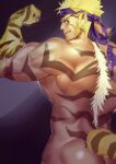  1boy animal_ears another_eidos-r ass back back_focus bara blonde_hair body_fur completely_nude fang flexing headband highres looking_back male_focus muscular muscular_male nude pugi_(another_eidos) purple_headband sideburns solo tail thick_arms thick_eyebrows tiger_boy tiger_ears tiger_stripes tiger_tail waku_(ayamix) 