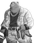 2023 anthro bear ben_(zenless_zone_zero) black_clothing black_shirt black_topwear bottomwear chain_necklace clothed clothing fully_clothed grin hi_res jacket jewelry kemono male mammal mihoyo monochrome necklace notched_ear nuhoangxitray pants shirt simple_background slightly_chubby smile smirk solo topwear weapon white_background white_bottomwear white_clothing white_jacket white_pants white_topwear zenless_zone_zero