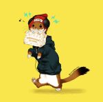 anthro bag beanie bottomless brown_body brown_fur carrying_in_mouth clothed clothing electronics food fur hat headgear headphones headwear hi_res hoodie ichigodawashi male mammal mustelid musteline slim solo topwear true_musteline weasel