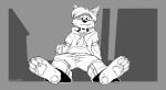 anthro baggy_pants black_and_white canid canine canis clothing domestic_dog eyewear feet foot_focus foreshortening glasses goggles goggles_on_face head_hair head_tuft hi_res hindpaw hoodie husky mammal monochrome nordic_sled_dog pawpads paws simple_background sitting sitting_on_ground smile smiling_at_viewer softailfox solo spitz sunglasses sunglasses_on_face tail topwear track_pants tuft unfinished
