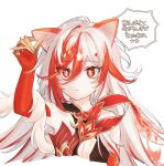  1girl animal_ears bare_shoulders breasts cat_ears chinese_clothes claws closed_mouth detached_sleeves elbow_gloves expressionless eyeliner fu_hua_(fenghuang_of_vicissitude) gloves hair_between_eyes highres honkai_(series) honkai_impact_3rd long_hair makeup multicolored_hair red_eyeliner red_eyes red_gloves red_hair red_scales scales simple_background small_breasts solo streaked_hair translation_request two-tone_hair very_long_hair vx7bj white_background white_hair yellow_pupils 