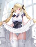  1girl absurdres apron azur_lane blonde_hair blush breasts cheshire_(azur_lane) cheshire_(azur_lane)_(cosplay) cleavage commission cosplay cowboy_shot detached_collar dress flashing frilled_hairband frills from_below garter_straps hairband highres indoors large_breasts lifted_by_self long_hair looking_at_viewer necktie nelson_(azur_lane) pixiv_commission purple_apron purple_necktie red_eyes solo thighhighs tina_(tinafya) twintails very_long_hair white_dress white_garter_straps white_thighhighs window 