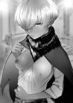  1girl blurry blurry_background breasts brown_eyes cape character_request chest_jewel embarrassed fur_collar greyscale hair_over_one_eye half-closed_eyes medium_breasts monochrome nipples no_bra one_breast_out short_hair sky:_children_of_the_light solo spot_color tarakoutibiru twitter_username 