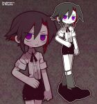  1boy aged_down artist_name black_hair black_ribbon black_shorts child closed_mouth colored_skin commission commissioner_name fumus_(funamusea) funamusea funamusea_(artist) grey_socks male_focus multicolored_hair official_art purple_eyes red_hair ribbon shirt shoes short_sleeves shorts skeb_commission socks solo two-tone_hair white_shirt white_skin zoom_layer 