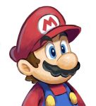  1boy blue_eyes blue_overalls brown_hair facial_hair hat mari_luijiroh mario mario_(series) mustache overalls red_headwear red_shirt shirt short_hair simple_background solo upper_body white_background 