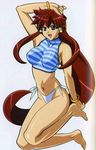  :d arm_up barefoot bikini blue_eyes bracelet breasts dita_liebely highleg highleg_bikini highleg_swimsuit highres jewelry kuroda_kazuya large_breasts long_hair navel official_art open_mouth ponytail red_hair scan side-tie_bikini sidelocks smile solo striped_tank_top swimsuit tank_top vandread very_long_hair 