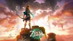  1boy absurdres blonde_hair blue_eyes bow_(weapon) copyright_name english_text floating_island full_body gladiator_sandals highres holding holding_bow_(weapon) holding_weapon link logo magic medium_hair non-web_source official_art outdoors pointy_ears quiver sandals solo standing sunset the_legend_of_zelda the_legend_of_zelda:_tears_of_the_kingdom weapon 