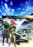  1boy 1girl alice_summerwood blonde_hair car dark-skinned_female dark_skin fujima_takuya full_body hair_over_one_eye helmet highspeed_etoile holding holding_helmet key_visual looking_at_viewer motor_vehicle official_art pink_hair promotional_art race_vehicle racecar racetrack racing_suit real_world_location richard_parker_(highspeed_etoile) suzuka_circuit 