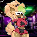 anthro arm_warmers armor armwear clothed clothing eyeliner eyes_closed female five_nights_at_freddy&#039;s five_nights_at_freddy&#039;s:_security_breach fur green_hair hair handwear hi_res idw_publishing makeup pose roxanne_wolf_(fnaf) scottgames sega solo sonic_the_hedgehog_(comics) sonic_the_hedgehog_(idw) sonic_the_hedgehog_(series) steel_wool_studios tail whisper_the_wolf zolnix