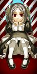  apron bloody_marie_(skullgirls) chin_rest hair_ornament haraguro_jakku highres looking_at_viewer maid maid_headdress mary_janes pantyhose pigeon-toed red_eyes shoes sitting skull_hair_ornament skullgirls thighband_pantyhose twintails upskirt white_hair white_legwear 