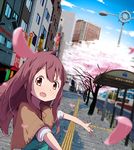  building capelet cherry_blossoms cityscape keshigomukun long_hair open_mouth original pink_eyes pink_hair real_world_location solo tokyo_(city) 