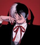  1boy black_cape black_hair black_jack_(character) black_jack_(series) cape earrings fangs hair_between_eyes highres jewelry male_focus mature_male multicolored_hair oldkin open_mouth pointy_ears red_background red_eyes red_ribbon ribbon shirt short_hair simple_background solo split-color_hair stitched_face stitches vampire_costume white_hair white_shirt 