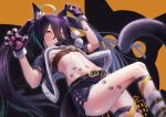  absurdres ahoge animal_ears animal_hands black_capelet black_hair black_nails black_shorts breasts capelet cat_ears cat_girl cat_tail claw_pose fur-trimmed_capelet fur_trim gloves highres long_hair manhattan_cafe_(umamusume) midriff multicolored_hair navel paw_gloves paw_tattoo reo-illust4696 short_shorts shorts small_breasts tail twintails two-tone_hair umamusume white_hair yellow_eyes 