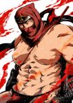  1boy abs armor bara black_fundoshi chest_hair commentary_request fundoshi hood hood_up japanese_armor japanese_clothes kano_(kano_to10) kote large_pectorals male_focus mask mouth_mask muscular muscular_male navel ninja nipples one_eye_closed pectorals red_fire red_ninja_(housamo) red_scarf scarf solo tokyo_afterschool_summoners topless_male upper_body weapon weapon_on_back white_background 