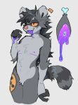 5_fingers anthro bedroom_eyes ear_tag featureless_crotch fingers fur gloves_(marking) grey_body grey_fur hi_res male mammal markings mastectomy_scar narrowed_eyes nude orange_sclera procyonid purple_insides purple_tongue raccoon scar seductive sh-4rk slim_anthro slim_male solo thick_thighs tongue trans_(lore) trans_man_(lore)