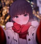  amagami aran_sweater ayatsuji_tsukasa blunt_bangs blurry blurry_background blush bokeh breath brown_coat brown_eyes cable_knit closed_mouth coat cold cynic_(cynic2324) depth_of_field duffel_coat frown fur-trimmed_coat fur-trimmed_hood fur_trim furrowed_brow head_tilt hood light_frown long_hair looking_at_viewer meme mittens open_clothes open_coat outdoors pov pov_cheek_warming_(meme) reaching reaching_towards_viewer red_mittens red_scarf scarf sweater toggles white_sweater winter_clothes winter_coat 