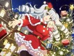  box breasts christmas christmas_ornaments christmas_tree doll dress drill_hair gift gift_box ginrei_(senran_kagura) green_eyes grey_hair hairband hat holding holding_doll house large_breasts leo_(senran_kagura) long_hair night night_sky non-web_source official_art open_mouth outstretched_hand santa_dress santa_hat senran_kagura senran_kagura_new_link sky smile star_(symbol) thighhighs 