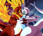 action_pose anthro arskatheman better_version_at_source big_breasts bodily_fluids breasts duo featureless_crotch female female/female fight fire flaming_tail generation_2_pokemon gigantamax_charizard gigantamax_pokemon hi_res horn legendary_pokemon long_neck long_tail lugia muscular muscular_anthro muscular_female nintendo open_mouth pokemon pokemon_(species) pose sweat tail thick_thighs white_body wrestling