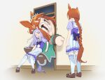  2girls animal_ears back_bow bob_cut bow braid braided_ponytail commentary door doqute_stuffed_doll ear_ribbon full_body horse_ears horse_girl horse_tail horseshoe_ornament ikuno_dictus_(umamusume) long_hair looking_at_viewer mejiro_mcqueen_(umamusume) multiple_girls orange_hair over-kneehighs pleated_skirt puffy_short_sleeves puffy_sleeves purple_bow purple_eyes purple_hair purple_shirt sailor_collar sailor_shirt school_uniform shirt short_sleeves single_braid sinnra_art skirt summer_uniform swept_bangs tail thighhighs tracen_school_uniform umamusume white_sailor_collar white_skirt 