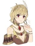  1girl blonde_hair brown_dress citrinne_(fire_emblem) dress earrings feather_hair_ornament feathers fire_emblem fire_emblem_engage gold_choker gold_trim hair_ornament highres hoop_earrings hota_hawk jewelry leather_wrist_straps mismatched_earrings red_eyes 