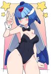  1girl absurdres bare_shoulders black_bow black_bowtie black_leotard blue_eyes blush bow bowtie breasts buzzlyears cleavage covered_navel highres leotard leviathan_(mega_man) medium_breasts mega_man_(series) mega_man_zero_(series) smile solo v wrist_cuffs 