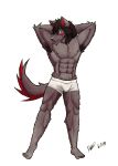 abs alexzandr_sokolov anthro armpit_hair biceps black_body black_fur black_hair black_nose body_hair bulge canid canine canis clothing fur fur_tuft hair hands_behind_head hi_res long_hair male mammal markings muscular muscular_thighs pecs pet_velvet red_ears red_eyes red_markings side_eye solo tail tuft underwear wolf