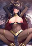  1girl armpits arms_up bed_sheet black_cape black_hair blunt_bangs blush bodystocking bracelet breasts bridal_gauntlets cape circlet cleavage commentary_request covered_navel fire_emblem fire_emblem_awakening gold_trim high_heels jewelry kirishima_satoshi large_breasts long_hair looking_at_viewer lying neck_ring nipple_slip nipples on_back paid_reward_available parted_lips pelvic_curtain purple_eyes red_cape shadow sidelocks smile solo spread_legs tharja_(fire_emblem) thighlet two-sided_cape two-sided_fabric two-tone_cape two_side_up 