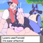 ambiguous_gender anthro bcm13 blush blush_lines bodily_fluids cum cum_on_feet cum_on_self duo ejaculation feet foot_fetish foot_focus foot_play footjob generation_4_pokemon genital_fluids genitals hi_res human lucario lucas_(pokemon) male male/male mammal nintendo penis pokemon pokemon_(species) sex