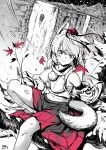  1girl animal_ears breasts detached_sleeves hat highres inubashiri_momiji leaf maple_leaf medium_breasts midriff partially_colored qingwa_chi_she short_hair skirt snow solo tail tokin_hat touhou water waterfall wind wolf_ears wolf_girl wolf_tail 
