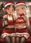  2girls belt black_belt black_hair black_thighhighs bottle breasts brown_eyes cleavage conte_di_cavour_(kancolle) cup drinking_glass garter_straps grey_hair hat highres holding holding_bottle holding_cup kantai_collection large_breasts long_hair multiple_girls navel nisshin_(kancolle) pom_pom_(clothes) red_headwear santa_hat thighhighs toka_(marchlizard) very_long_hair wine_glass 
