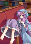  :/ bad_id bad_pixiv_id barefoot book bookshelf breasts couch crescent cup dress frown hair_ribbon highres hood indoors karakura long_hair medium_breasts patchouli_knowledge purple_eyes purple_hair ribbon robe solo tea teacup touhou 