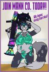 alfonzo_poopypants anthro big_breasts black_hair blue_eyes breasts canid canine canis chest_tuft clothing convenient_censorship covered_in_slime dripping_slime english_text female front_view fur gesture hair hat hat_only headgear headgear_only headwear headwear_only hi_res kneeling lilith_(lilith58415119) looking_at_viewer mammal mostly_nude multicolored_body multicolored_fur navel pawpads propaganda propaganda_poster ranged_weapon rocket_launcher salute short_hair slightly_chubby slime slime_on_body smile solo spots spotted_body team_fortress_2 text tuft valve weapon wolf