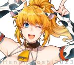  1girl 2023 ;d animal_ears animal_print armpits arms_up artist_name bell bikini blonde_hair blue_eyes breasts cleavage collar commentary_request commission cow_ears cow_horns cow_print cow_print_bikini cowbell detached_sleeves earrings fake_animal_ears fake_horns fingernails hiyoshi_hana horns jewelry large_breasts long_hair looking_at_viewer one_eye_closed open_mouth original paid_reward_available ponytail print_bikini simple_background skeb_commission smile swimsuit teeth upper_teeth_only white_background 