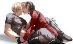  1boy 1girl ada_wong black_gloves black_hair blush brown_hair clothes_lift gloves hand_on_another&#039;s_chest highres imminent_kiss leon_s._kennedy merianaka parted_lips red_sweater resident_evil resident_evil_4 resident_evil_4_(remake) shirt_lift short_hair simple_background smile sweater turtleneck turtleneck_sweater 