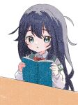  1girl armband black_hair blue_eyes book commentary_request green_armband highres holding holding_book kimi_no_koto_ga_dai_dai_dai_dai_daisuki_na_100-nin_no_kanojo long_hair long_sleeves looking_at_viewer shirt simple_background solo ume_tixya upper_body white_background white_shirt yoshimoto_shizuka 