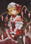  1girl absurdres alternate_costume blonde_hair bow bowtie crystal_wings dress flandre_scarlet frilled_dress frills hat hat_bow highres long_sleeves mob_cap red_bow red_dress red_eyes short_hair solo touhou traditional_media white_headwear yuuren_kyouko 